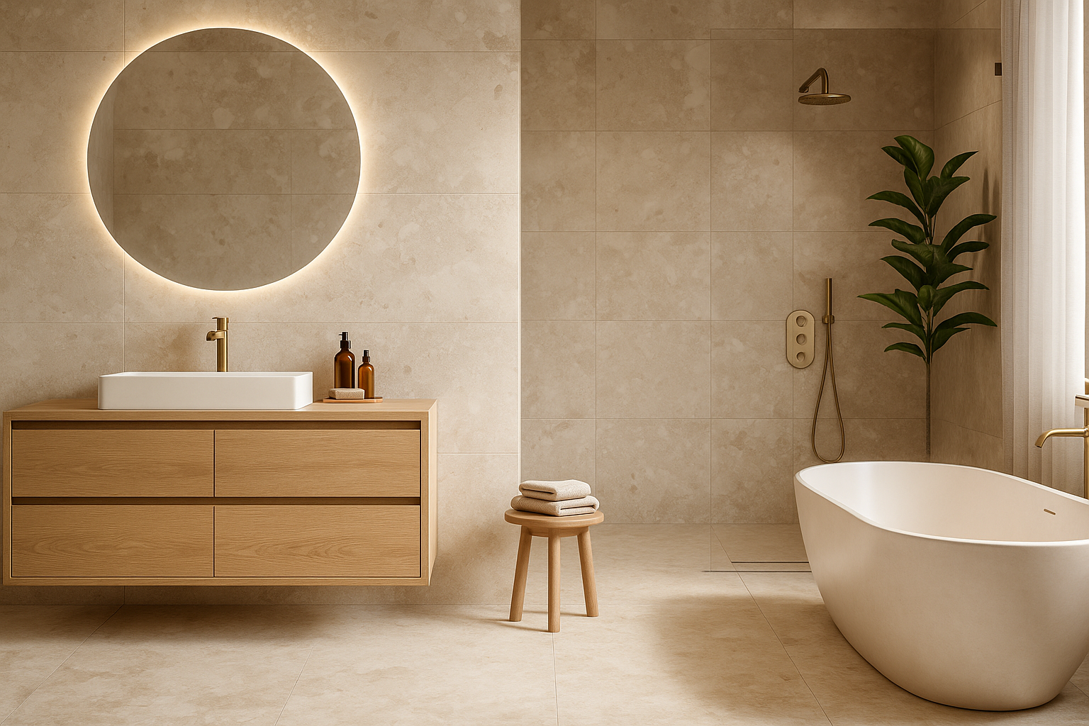 Baño moderno con porcelánicos de gran formato en paredes y piso.