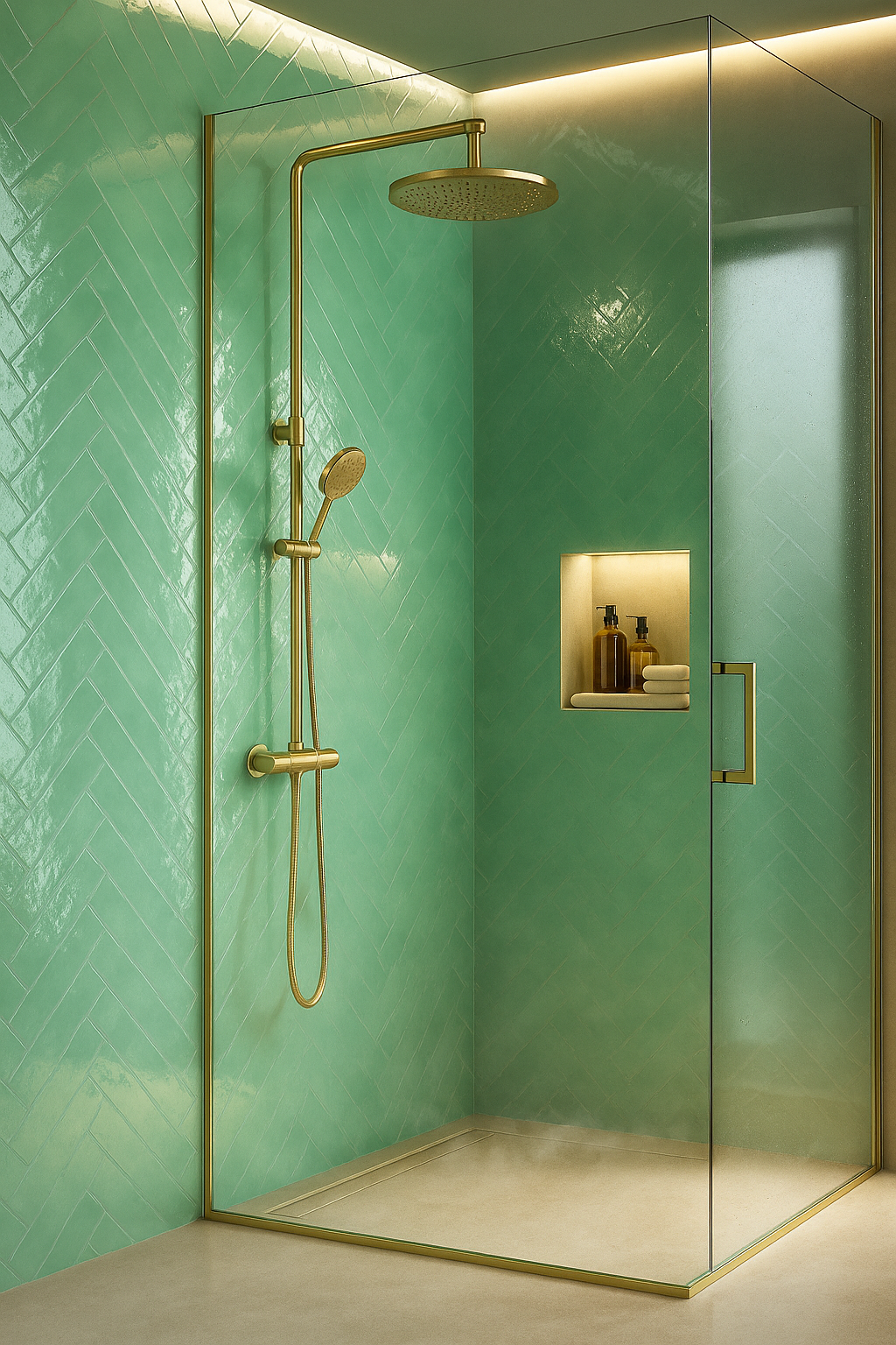 Baño moderno con porcelánicos de gran formato en paredes y piso.