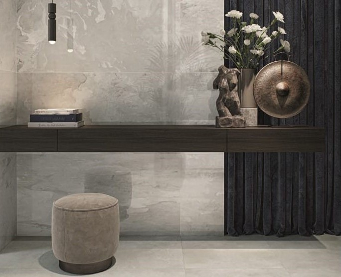 Modern kitchen with geometric tiled backsplash